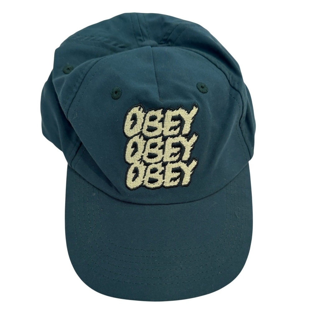 Obey Worldwide Teal Green Dad Hat Triple Logo Embroidered Leather Strap Cap